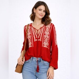 Sugar Lips Red Embroidered Boho Peasant Blouse Tassel Tie Long Sleeve Small